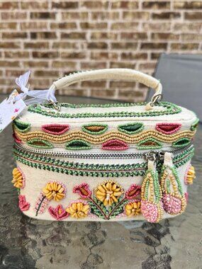 BRAND NEW Viral Beaded Bag Pink and Green Floral Vanity Handbag